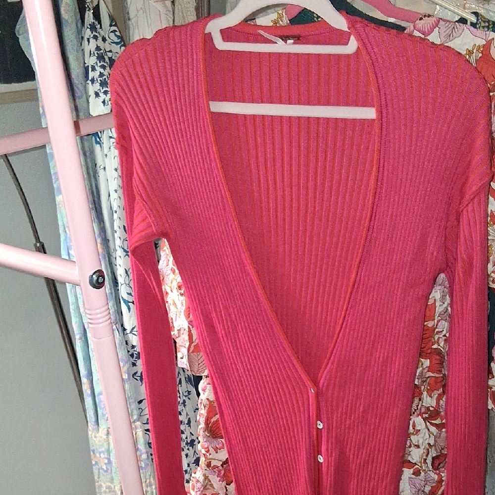 Free People Women's Ribbed Pink Sweater Cardigan Duster Xs